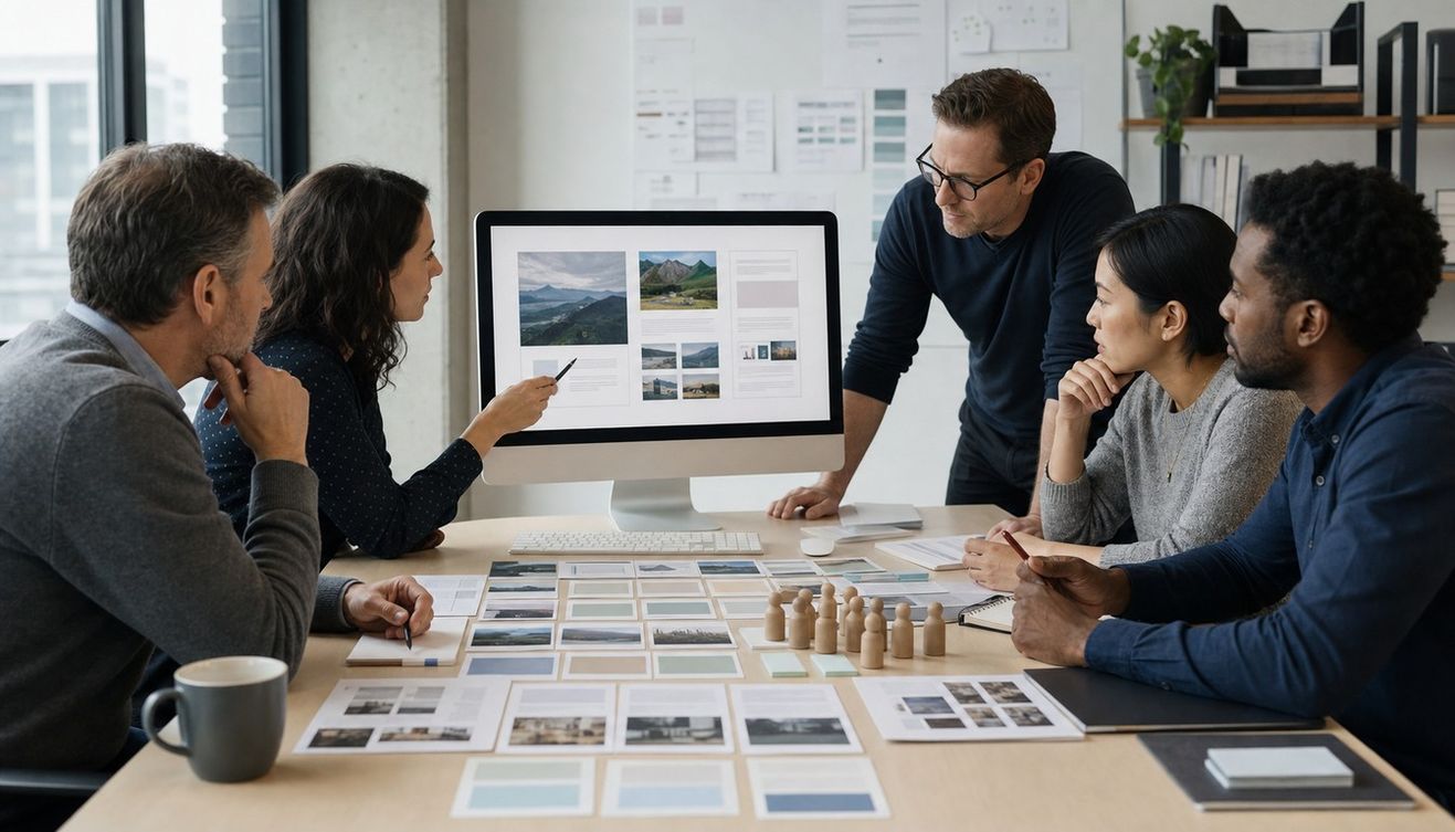 Five colleagues gather around a desktop monitor as a seated woman points to an abstract page layout and the others inspect cards and tokens.