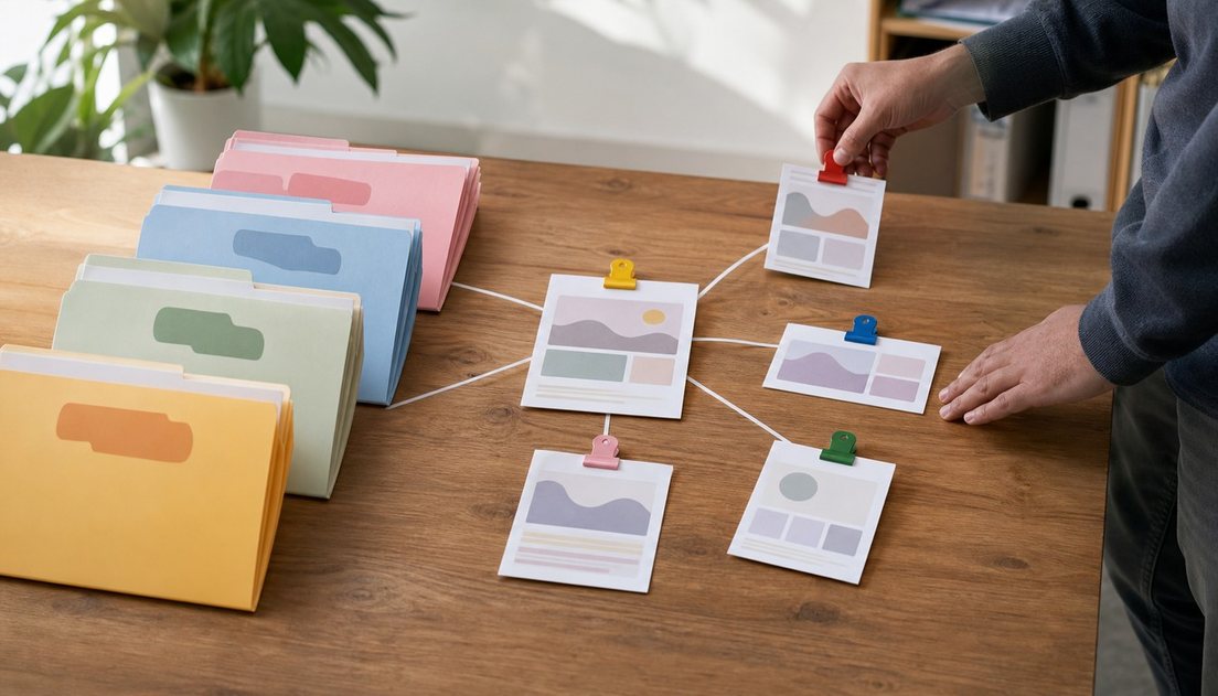 At a studio table, a person lifts one clipped destination card away from a central content card while locale folders and other connected cards remain in place.