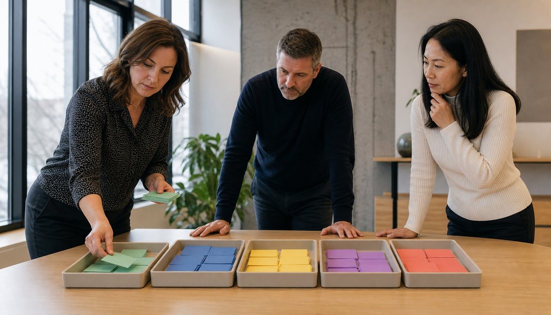 Three colleagues stand around a decision table as a woman sorts a green evidence card into the first of five trays holding color-coded groups.