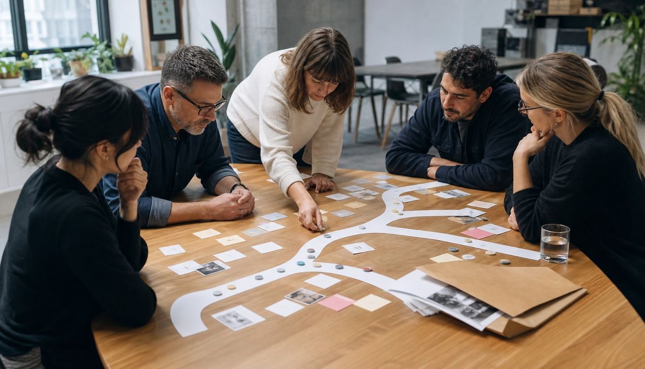 A team studies a branching paper journey on a wooden office table, surrounded by blank cards, colored markers, reference images, and a kraft handoff folder.