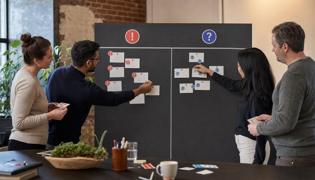 A team sorts blank cards on a divided black workshop board, grouping serious barriers under red exclamation marks and uncertain items under blue question marks.