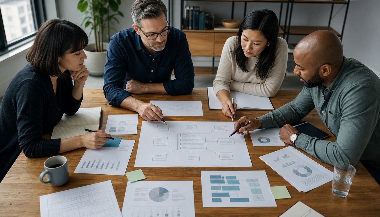 Four colleagues lean over a central planning brief on a wooden office table, pointing among notebooks, diagrams, and notes.
