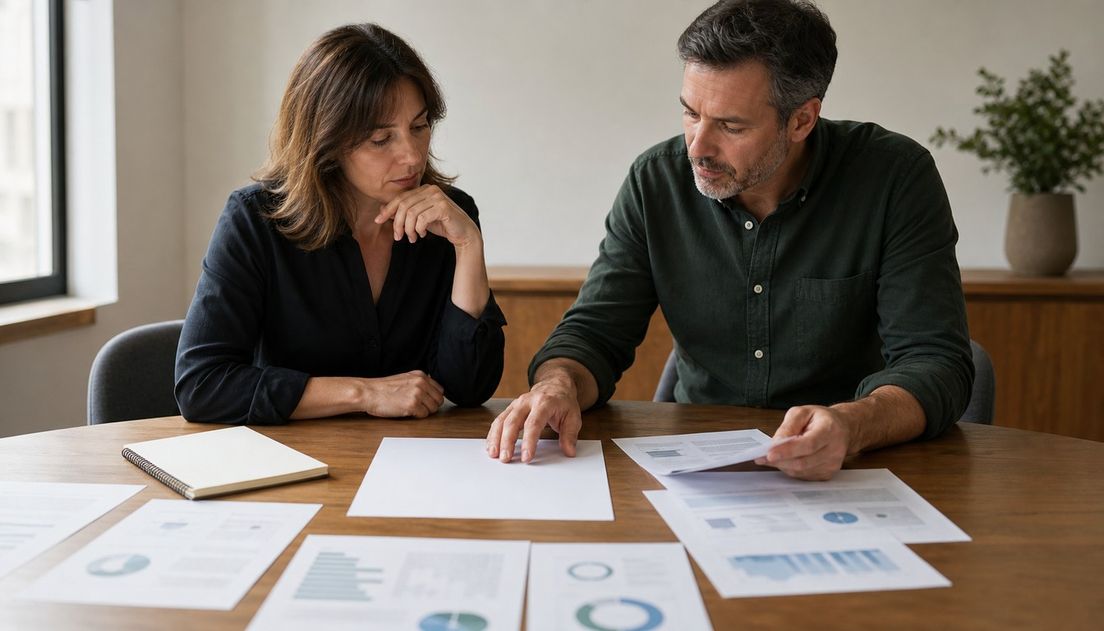 A woman and a man study a blank sheet at a round wooden table while the man holds a supporting printout.