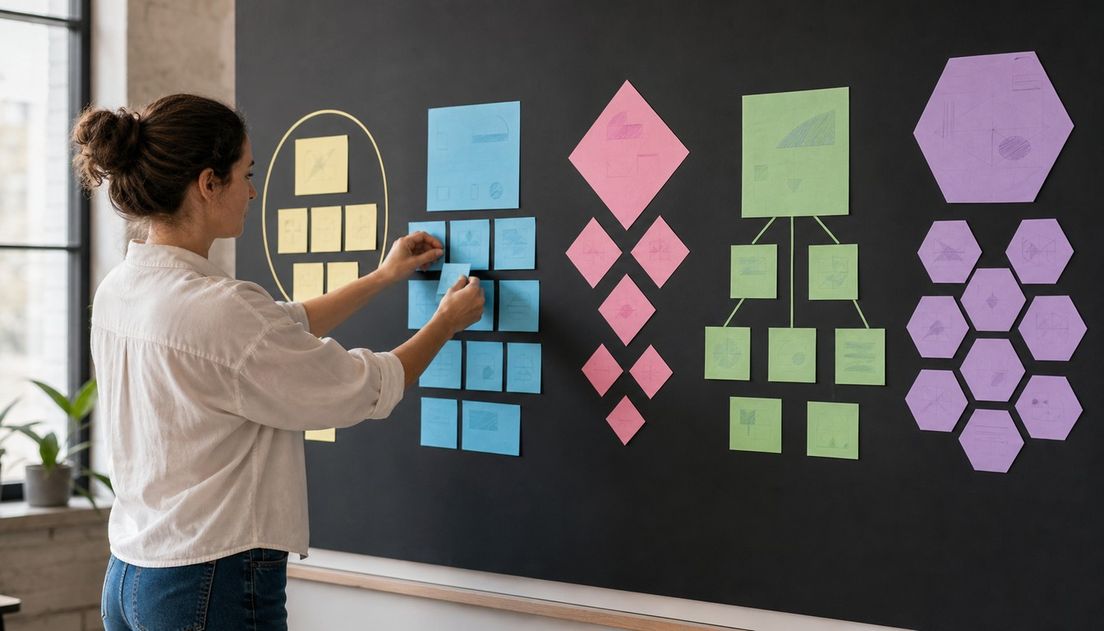A woman moves a blue paper card among five color-coded groups of geometric cards on a black wall board.