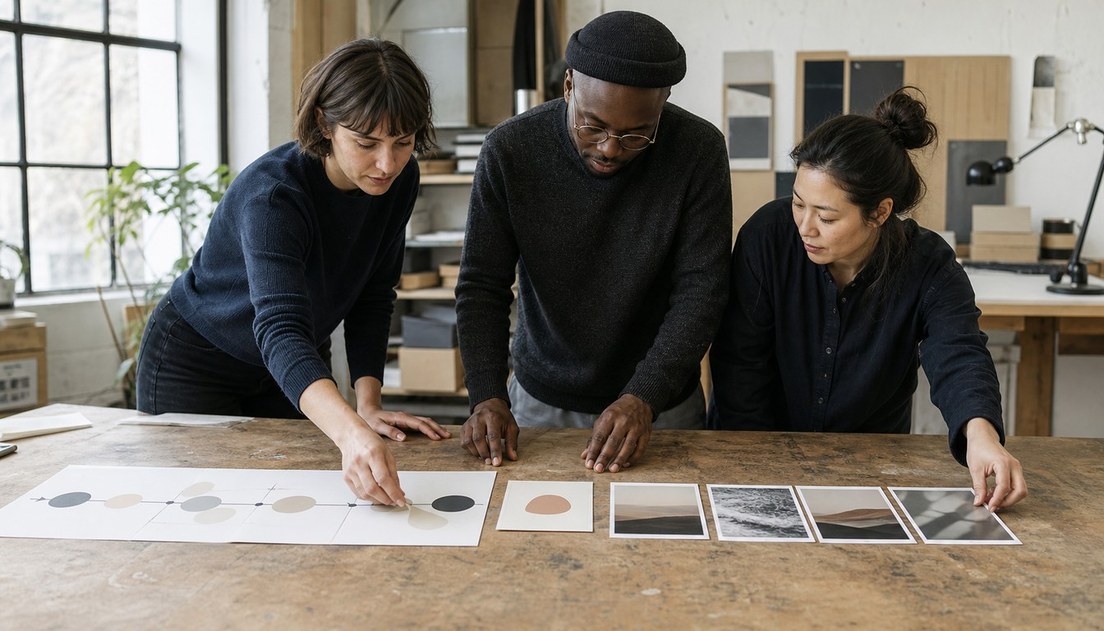 Three colleagues arrange a long journey strip, a tan message card, and four evidence photos across a studio workbench.