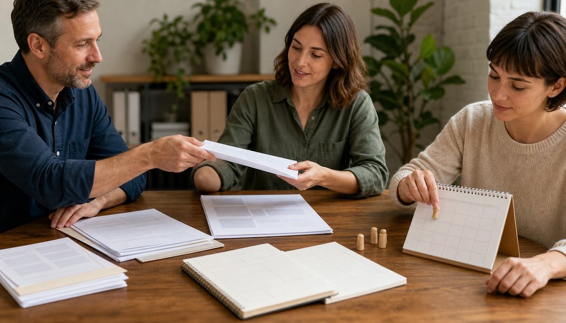 A man hands a paper brief to a woman as another woman places a wooden marker on a standing desk calendar.