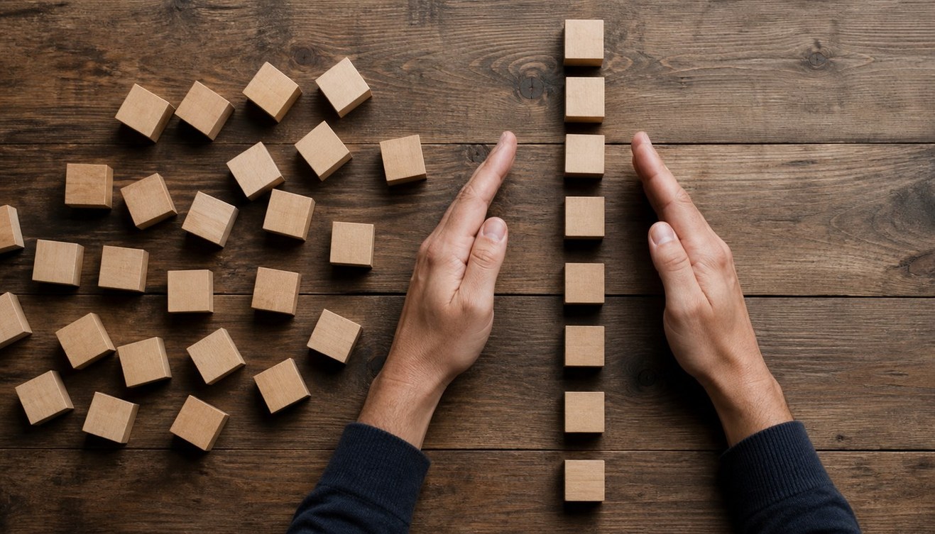 Two hands frame eight wooden cubes aligned in a vertical row beside more than twenty scattered cubes on a dark tabletop.