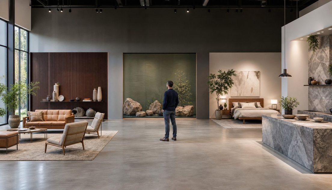 A man stands in the central aisle of a modern showroom, looking toward one of four staged furniture and material displays.