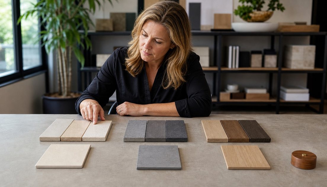 A seated woman points to one of twelve stone and wood samples arranged in three aligned groups on a bright studio table.