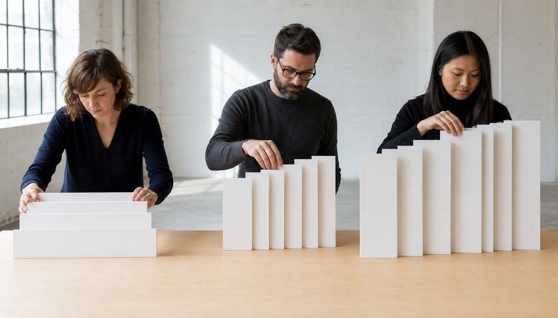 Three reviewers each arrange a separate group of blank white panels into ordered wide, medium, and tall sequences on a studio table.