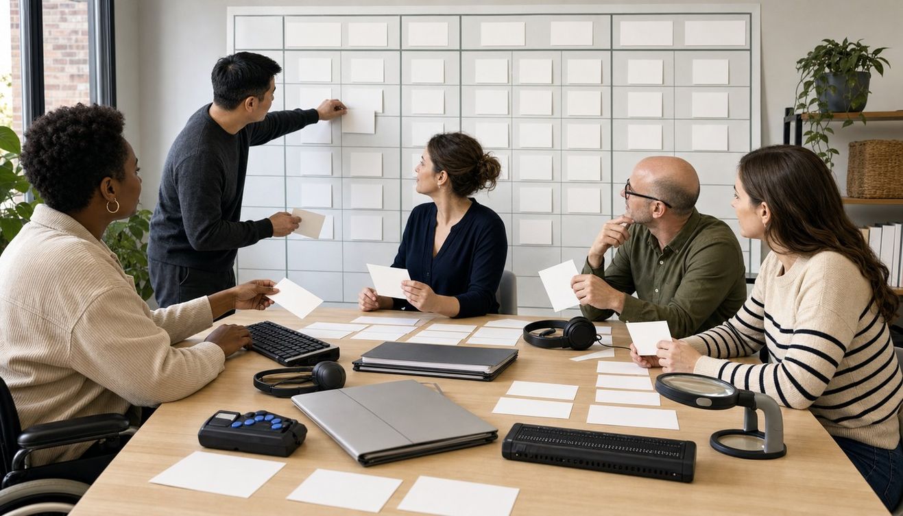 Five colleagues gather around a wooden table as a standing man places a blank card on a wall grid beside accessibility testing equipment.