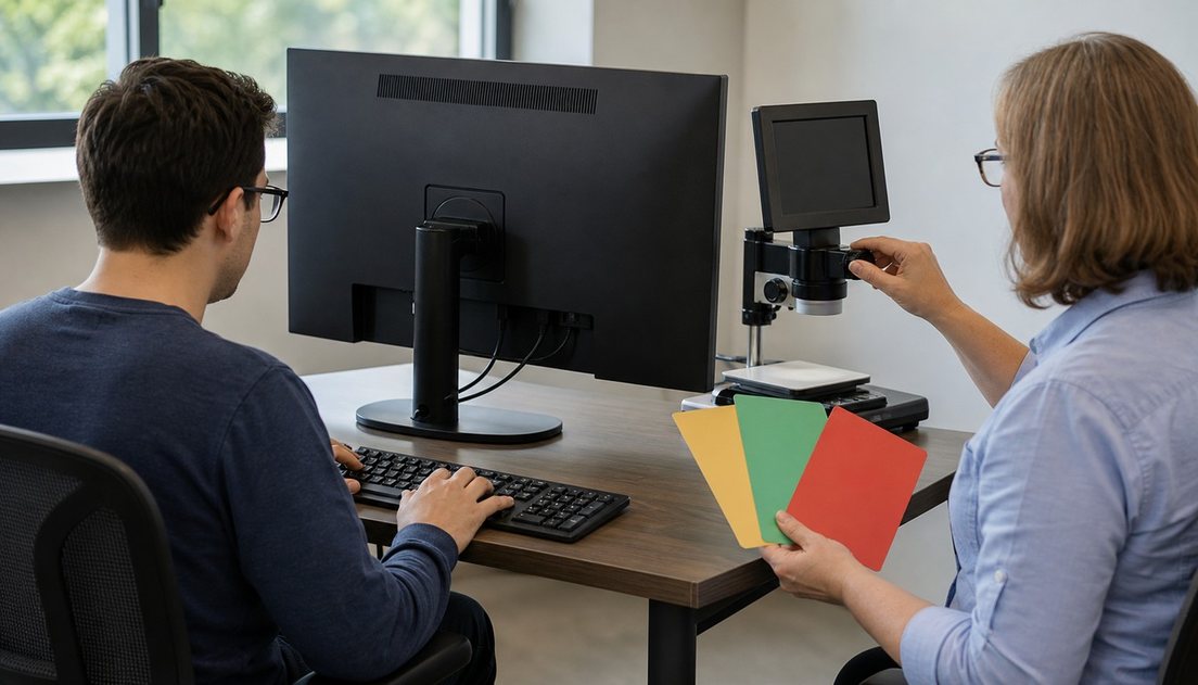Two colleagues sit at a testing desk as a man uses a keyboard behind a turned-away monitor and a woman adjusts a video magnifier.