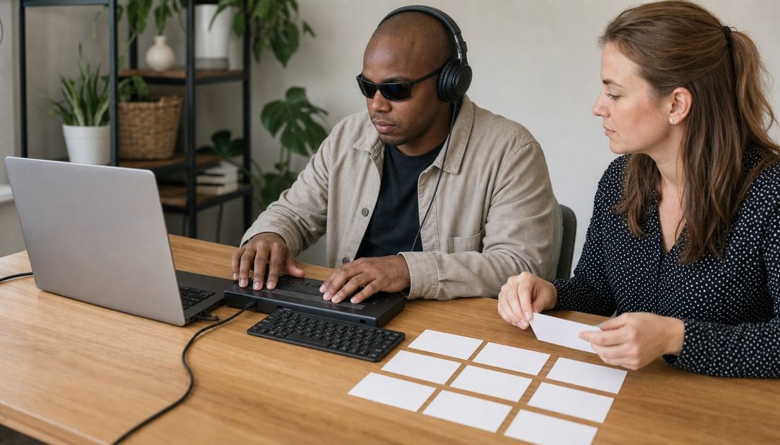 A blind man wearing headphones uses a Braille display and compact keyboard while a woman researcher observes and holds a blank task card.