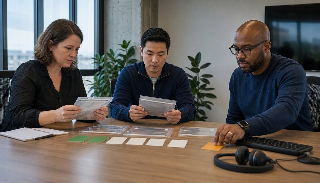 Three colleagues review evidence sleeves and status cards as one moves an amber card beside a keyboard and headphones for retesting.