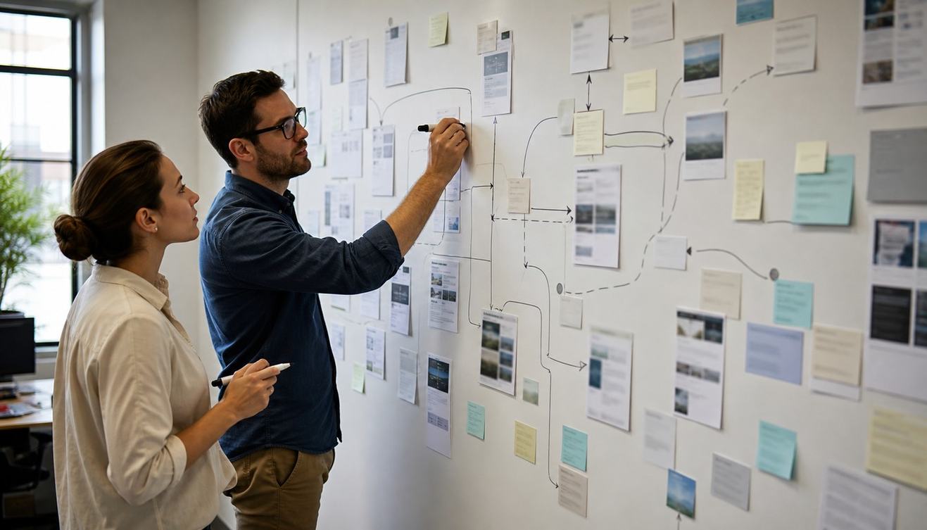 Two colleagues trace routes across printed page thumbnails and pale cards on a bright office planning wall.