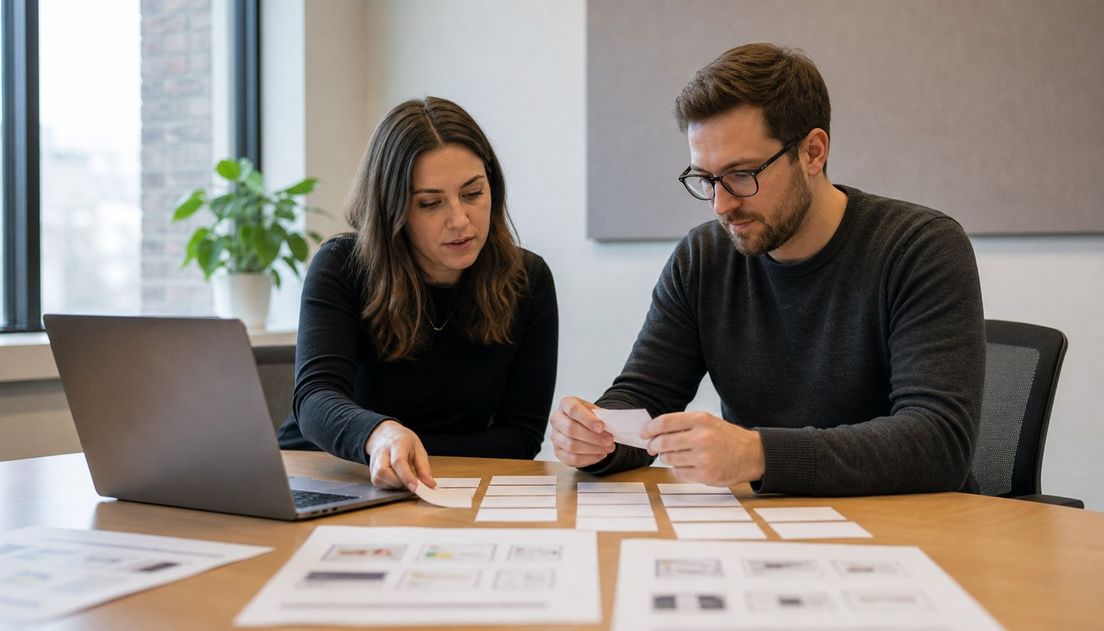 Two colleagues sort blank cards beside a laptop and blurred page printouts at a wooden meeting table.