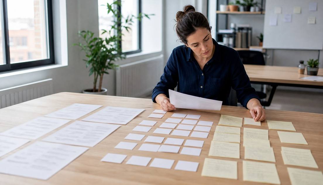 A researcher reviews grouped blank cards, pale notes, and blurred printed sheets at a large office table.