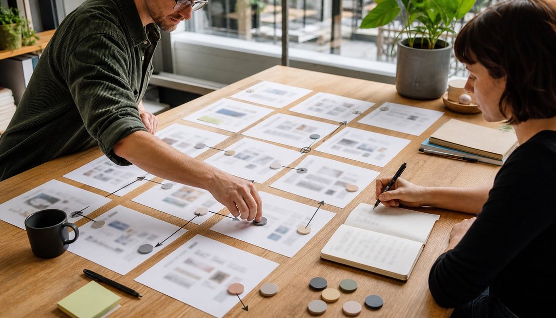 Two colleagues map routes across blurred page thumbnails as one places a token and the other writes notes.