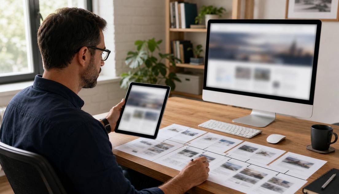 A man compares the same blurred page on a desktop monitor and tablet above printed route sheets at his desk.
