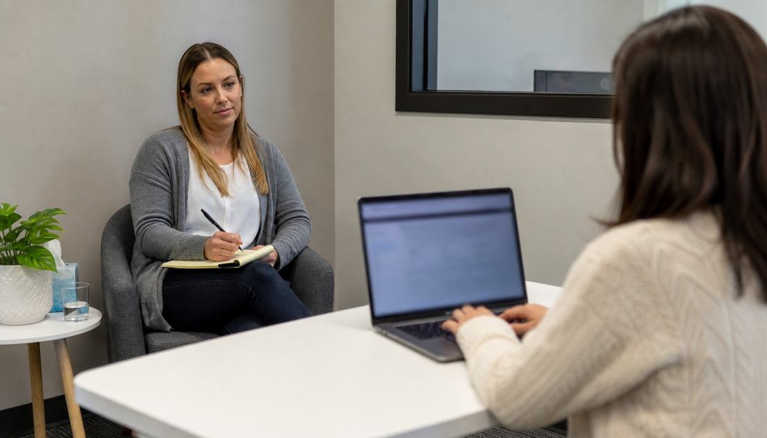 Two women face each other across a table as one uses a laptop and the other listens with a pen and notepad.