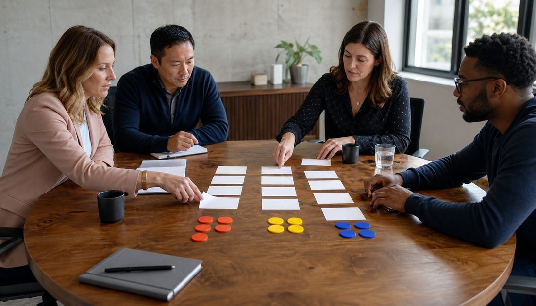 Four colleagues review rows of blank cards and three clusters of red, yellow, and blue tokens around a conference table.