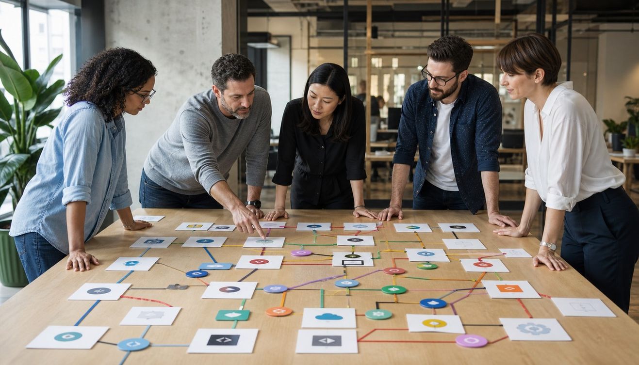 A web operations team leans over a wooden table, tracing a physical dependency map of symbol cards and colored connectors.