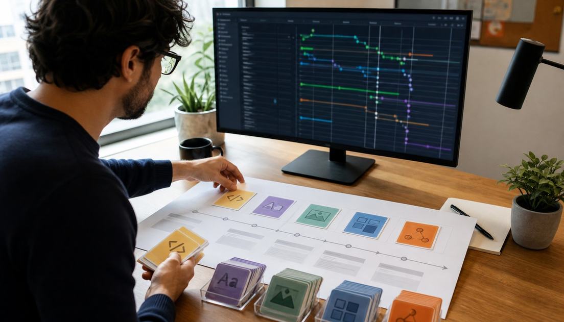 An analyst studies an abstract network waterfall on a dark monitor while placing a yellow symbol card on a paper journey map.