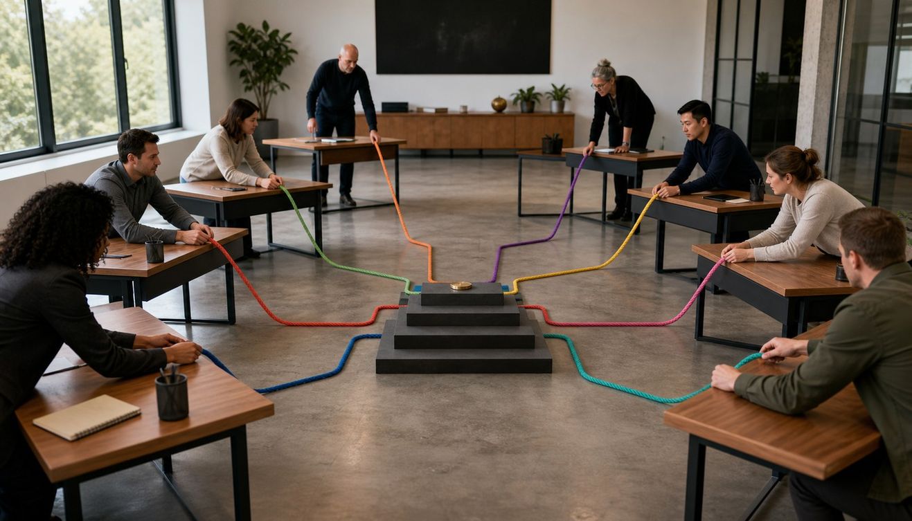 Adults at separate desks guide colored cords toward a stepped black platform topped with a brass decision token in a bright operations room.