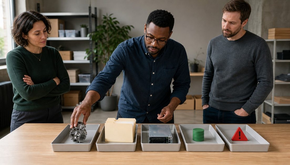 An operations lead lowers a metal component into a shallow tray as colleagues watch trays of folders, a server unit, green discs, and a warning marker.
