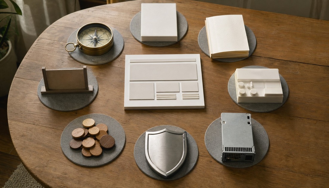 An overhead arrangement places a compass, blank rule block, folio, barrier, prototype, server, shield, and budget tokens around a white website model.
