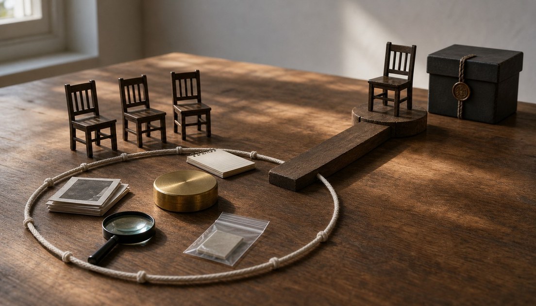 A cord boundary encloses a brass token and evidence objects, while a wooden ramp leads past adviser chairs to a raised chair and sealed archive box.