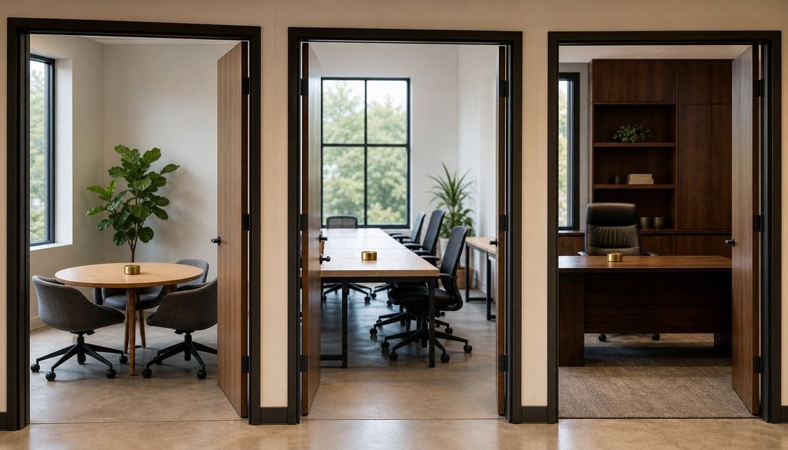 Adjoining office rooms place matching brass tokens on a small team table, a shared conference table, and a reserved executive desk.