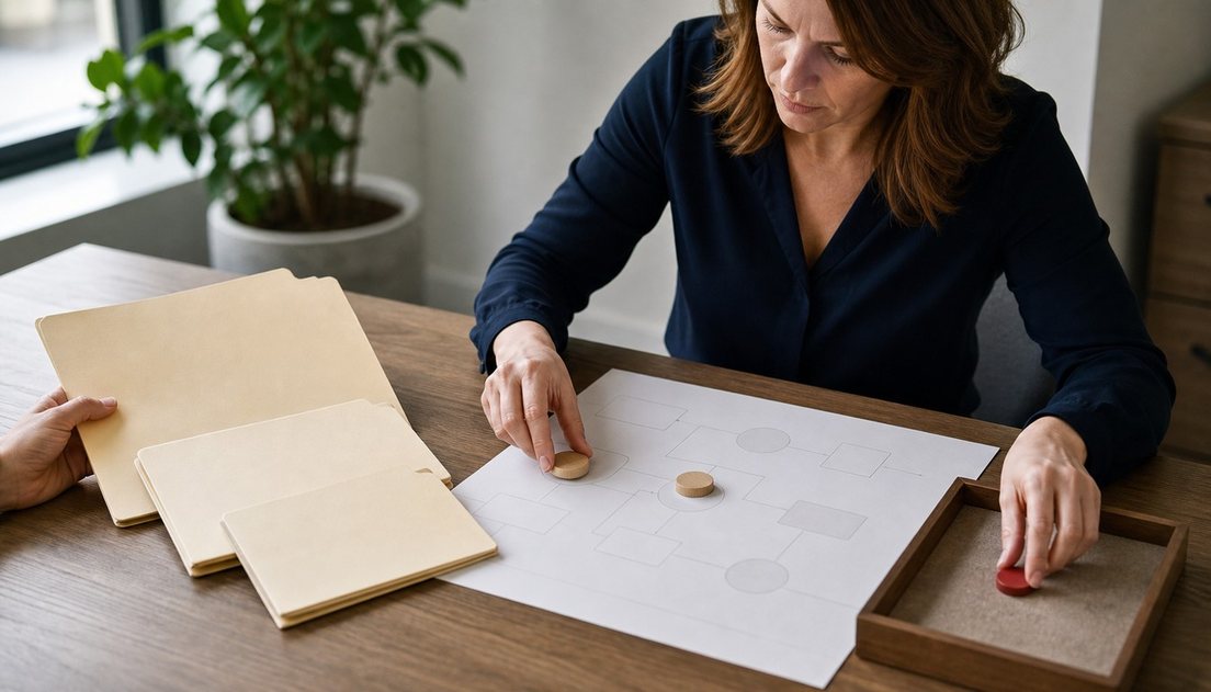 An analyst touches a wooden owner token on a blank authority map while moving a red exception marker toward a tray beside grouped folders.