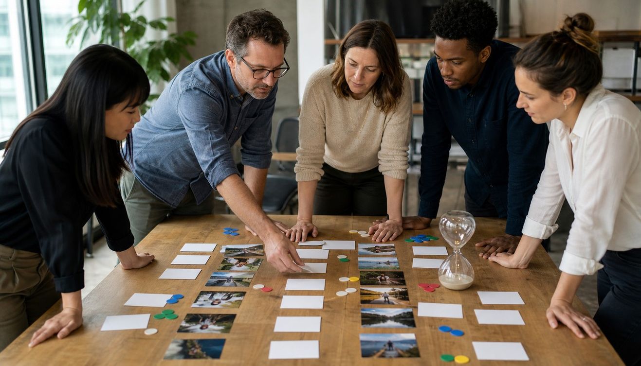 A website team studies blank cards, journey photographs, colored tokens, and an hourglass on a wooden table in a bright office.