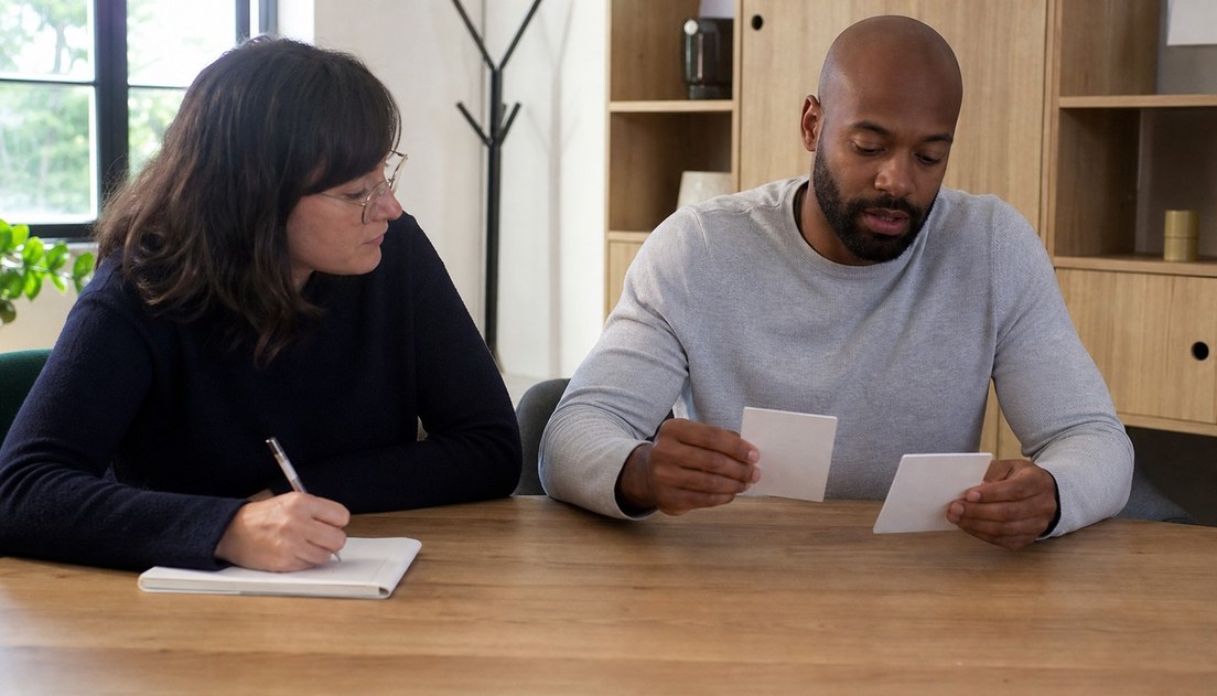 A participant compares blank product cards while a researcher observes and writes notes at a wooden table in a neutral room.