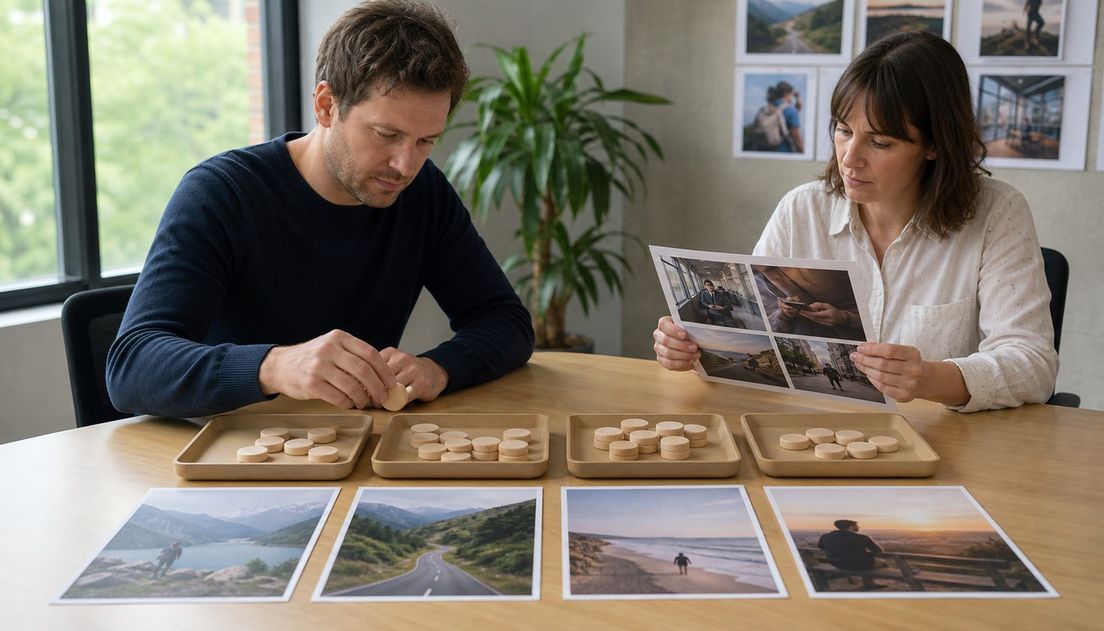 An analyst sorts round wooden tokens into shallow trays while a colleague checks journey photographs in a sunlit office.
