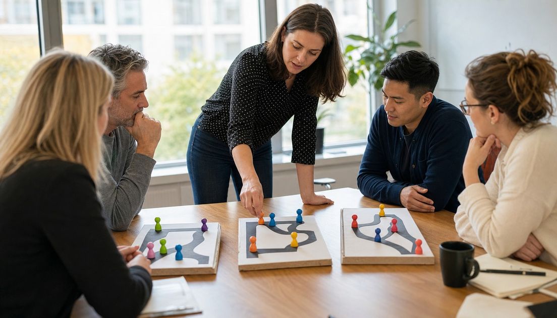 A facilitator moves an orange visitor token along a physical pathway model as colleagues watch around a conference table.