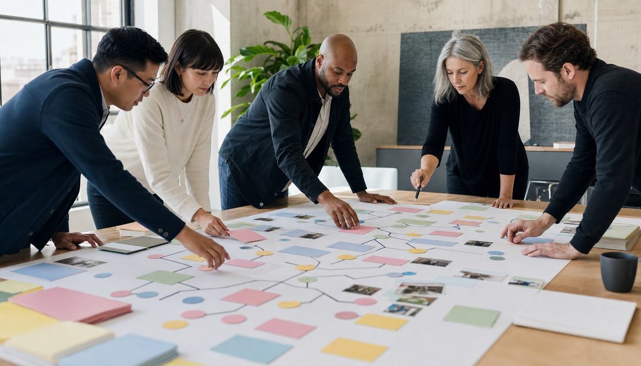 Five colleagues rearrange pastel cards, research photos, and round tokens on a branching paper map in a bright workshop.