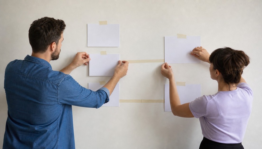 A man and a woman position six blank white cards on a studio wall and link the two groups with strips of masking tape.