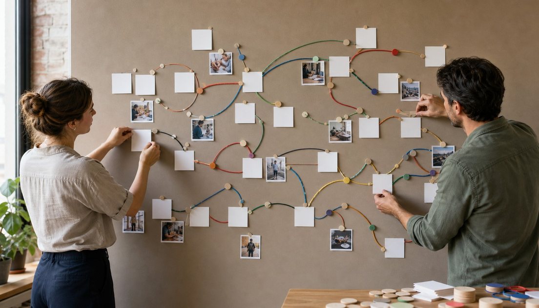 A woman and a man add blank cards, small photos, and round tokens to a wall map of branching and looping colored cords.