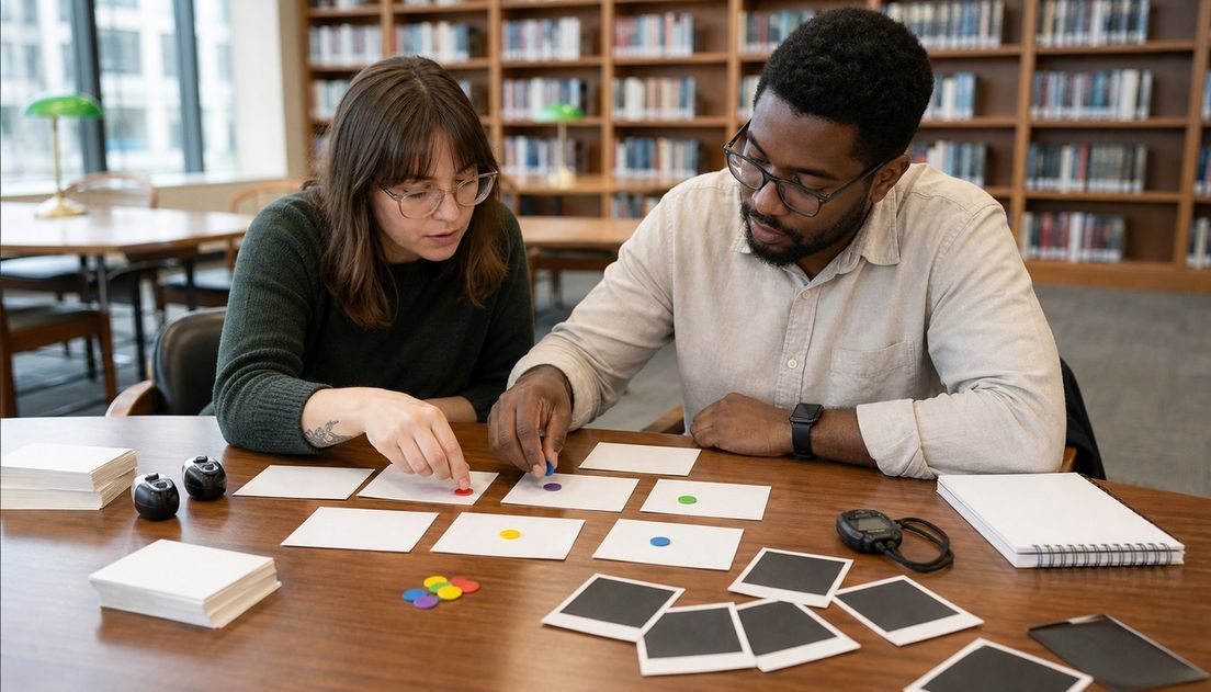 A woman and a man place five colored signal tokens on six blank cards beside two tally counters and a stopwatch at a library table.