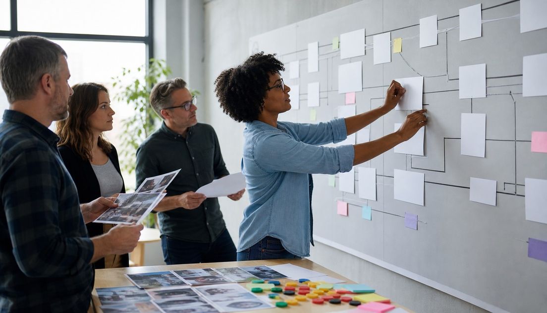 A woman replaces a blank card on a large wall map while three colleagues watch and hold research photos and papers beside a table of colored tokens.